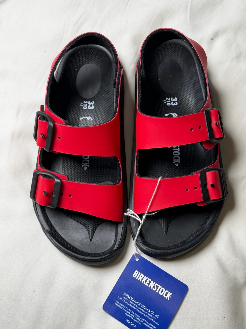 Birkenstock Kids Red Dual-Strap Sandals with Black Footbed